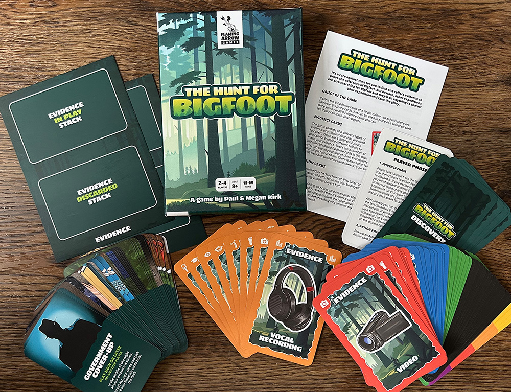 The Hunt For Bigfoot card game components - Paul Kirk Design & Flaming Arrow Games